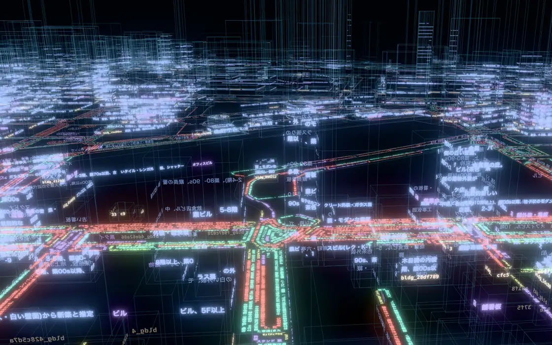The 3D city: buildings and streets around an intersection in Shinbashi, drawn with the Japanese words read from street photos (Japanese interface)
