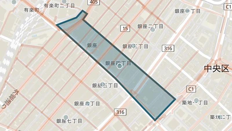 The map: the outline of the Ginza 4-chome town block