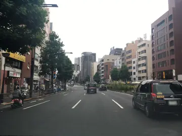 The road in 2019: the left edge of the roadway is plain grey, with white markings only